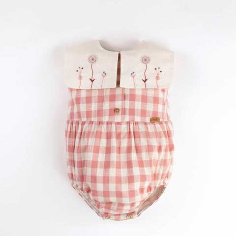Popelin Pink Check Romper Suit With Bib Collar