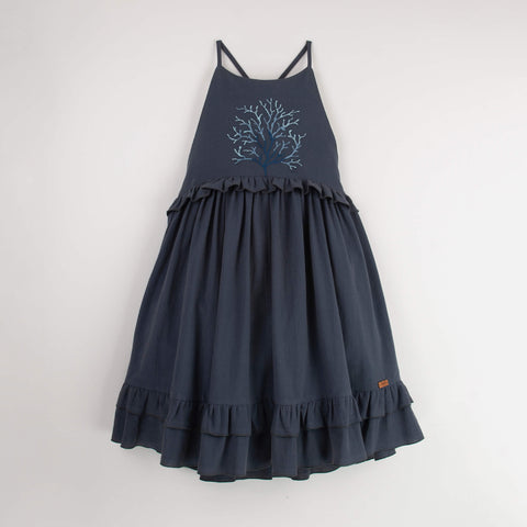 Popelin Navy Blue Coral Motif Dress