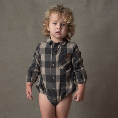 Popelin Taupe Check Shirt Romper Suit