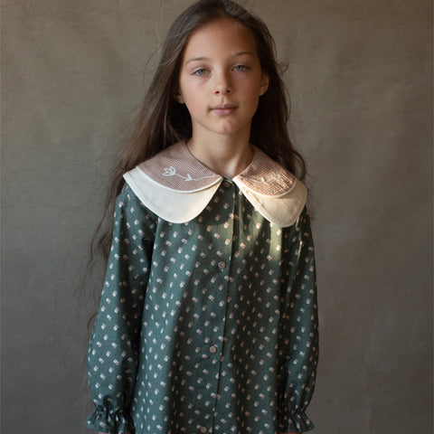 Popelin Green Floral Dress With Double Embroidered Collar