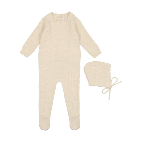 Coco Blanc Cabled Knit Footie With Bonnet Cream