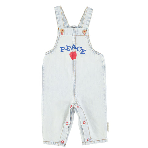 Piupiuchick Baby Dungarees Washed Light Blue Denim W/ "Peace" Print