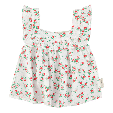 Piupiuchick Sleeveless Blouse Ecru W/ Red Flowers Allover