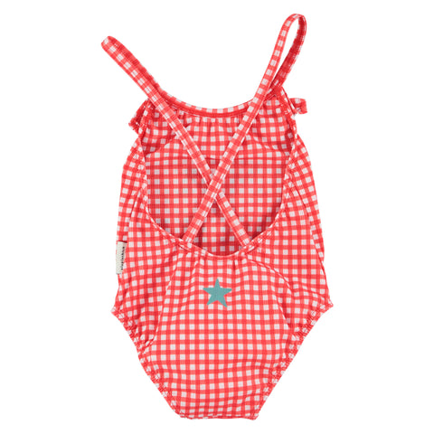 Piupiuchick Swimsuit W/ Ruffles Red Checkered W/ "Ma Chérie" Print
