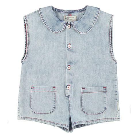 Piupiuchick Short Sleeveless Jumpsuit Blue Light Denim W/ Apple Print