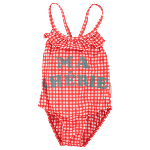 Piupiuchick Swimsuit W/ Ruffles Red Checkered W/ "Ma Chérie" Print