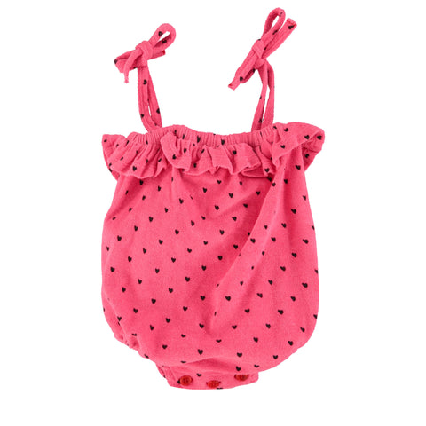 Piupiuchick Baby Romper W/ Ruffles Pink W/ Black Hearts Allover