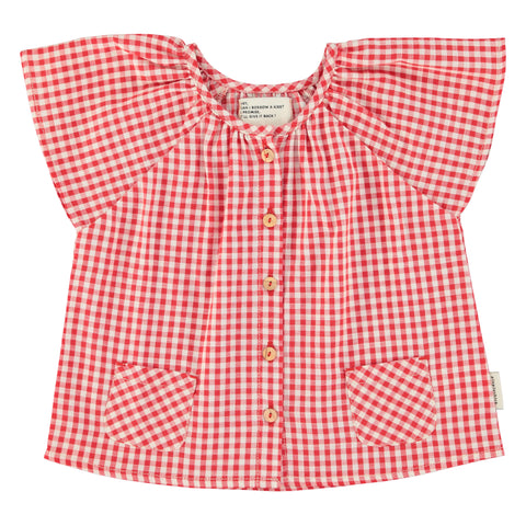 Piupiuchick Blouse W/ Butterfly Sleeves Red & Ecru Checkered