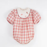 Popelin Pink Check Embroidered Romper Suit With Yoke