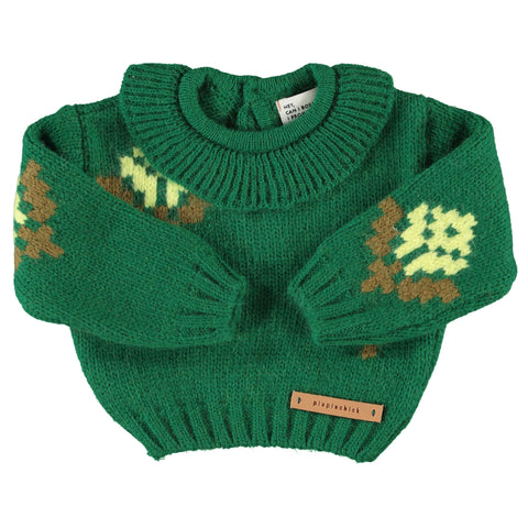 Piupiuchick Jacquard Sweater W/ Collar | Green W/ Flowers