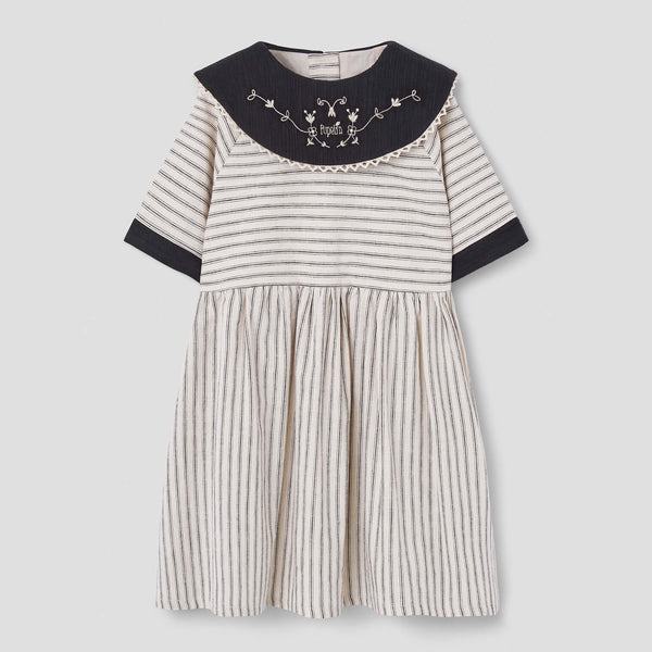 Popelin Black Striped Short Dress With Embroidered Bib Collar