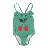 Piupiuchick Swimsuit W/ Ruffles | Green W/ Cherry Print