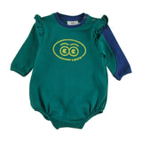 Loud Apparel Baby Girl  Romper Relaxed Fit, Ruffle Shoulder, Sleeve Colour Block Loud Eyes Logo Print Contrast Green, Navy