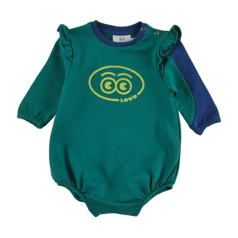 Loud Apparel Baby Girl  Romper Relaxed Fit, Ruffle Shoulder, Sleeve Colour Block Loud Eyes Logo Print Contrast Green, Navy