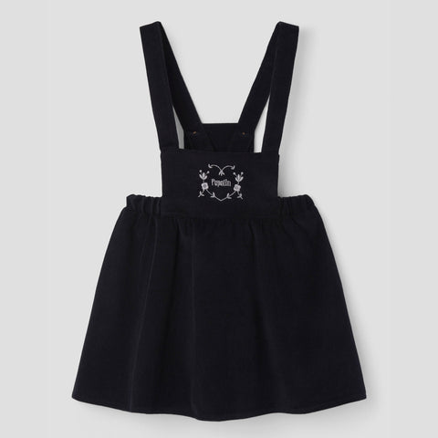 Popelin short dress black corduroy with embroidered bib || 43.4