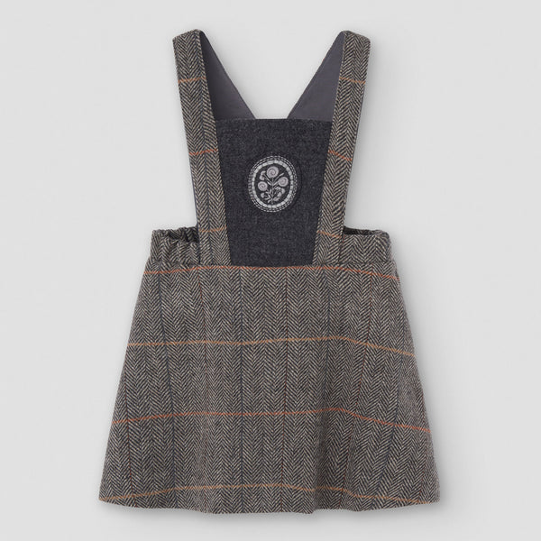 Popelin short dress grey herringbone woollen with embroidered bib yoke || 42.1