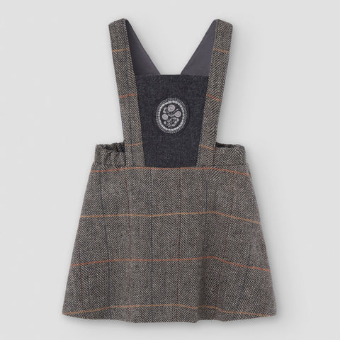 Popelin short dress grey herringbone woollen with embroidered bib yoke || 42.1