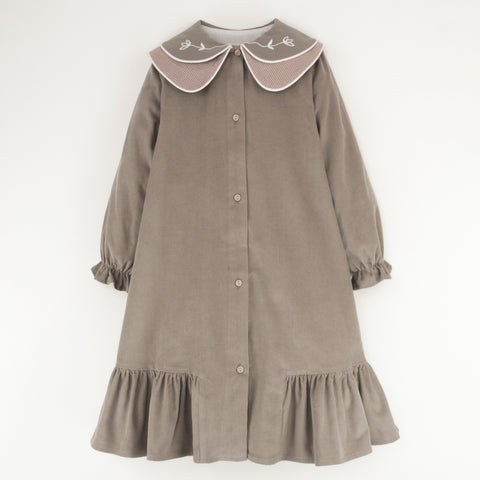Popelin Taupe Dress With Double Embroidered Collar