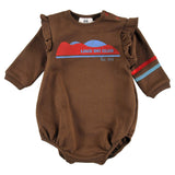 Loud Apparel Baby Girl  Romper Relaxed Fit, Ruffle Shoulder, Mountain Print, 2 Tone Stripe Cott. Tape Fondue Fudge