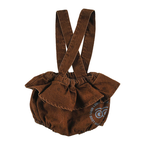 Loud Apparel Baby Girl Bloomers With Straps & Ruffle, Circle Loud Eyes Logo Print Choco, Polkadot