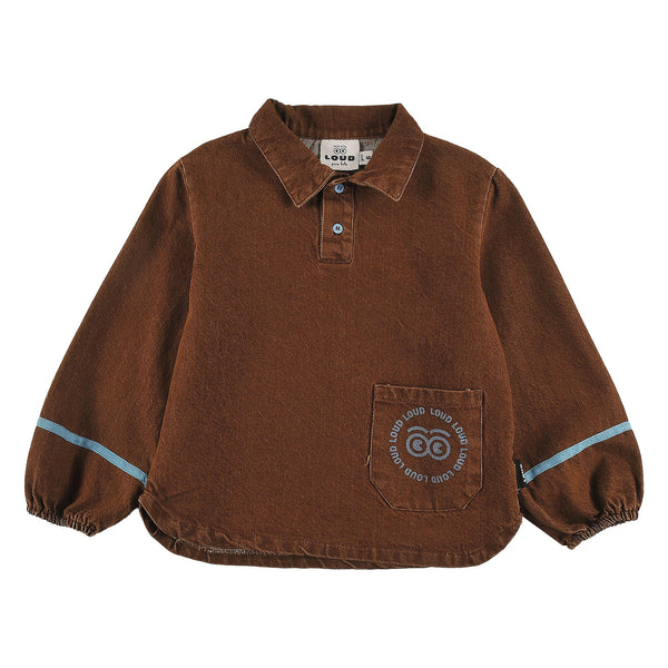 Loud Apparel Shirt Loose Fit, Collar And Front Pocket, Contrast Tape Sleeve, Circle Loud Eyes Logo Print Choco