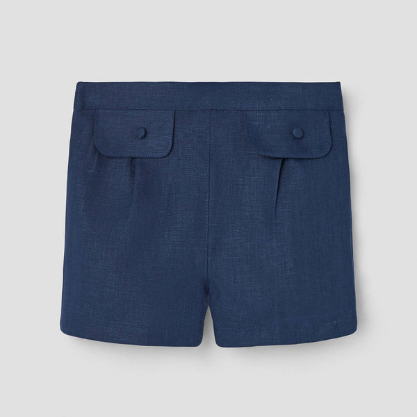 Popelin Navy Blue Linen Shorts With Flaps