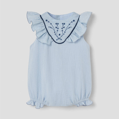 Popelin Blue Romper Suit With Embroidered Yoke