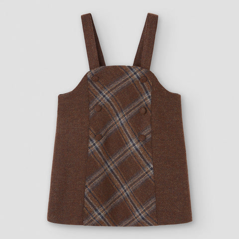 Popelin short dress brown wool with contrasting bib || 45.1