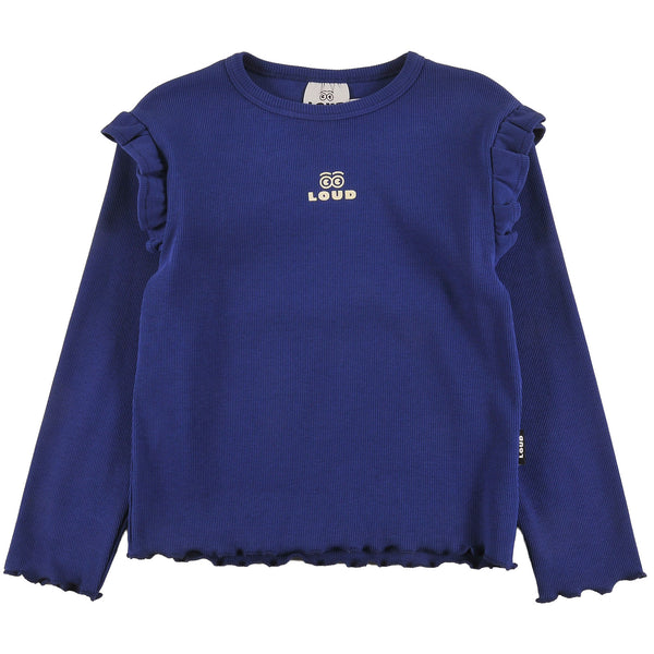 Loud Apparel Girl T-Shirt Slim Fit Ruffle Shoulder Loud Eyes Logo Print Contrast Blue Navy