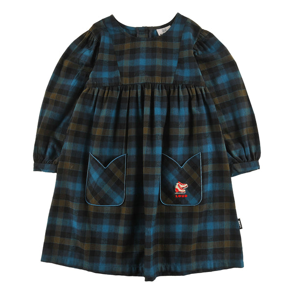 Loud Apparel Dress Puff Sleeve Tulip Pockets, Ice Skate Embroidery Logo Check
