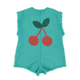 Piupiuchick Short Sleeveless Jumpsuit | Turquoise W/ Cherry Print