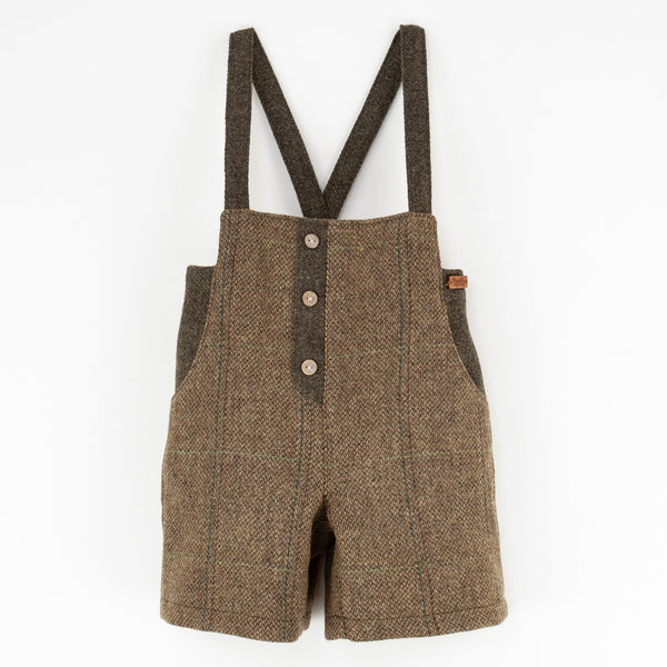 Popelin Green Check Woollen Short Dungarees With Straps Long