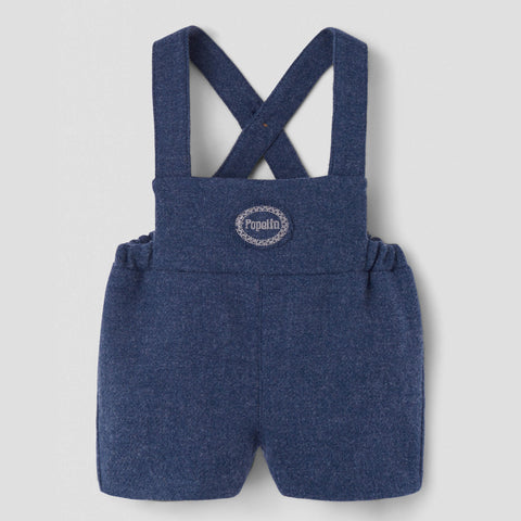 Popelin short romper blue woollen with embroidery appliqué