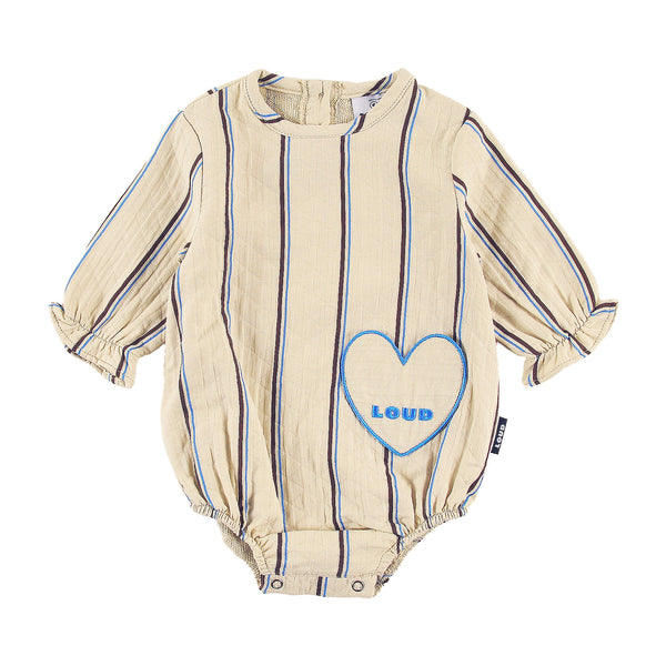 Loud Apparel Baby Girl Romper Relaxed Fit, Heart Front Pocket, Loud Logo Natural, Stripe