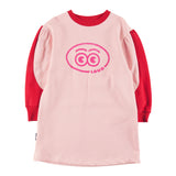 Loud Apparel Dress Loose Fit, Puff Sleeve Colour Block, Loud Eyes Logo Print Contrast Orchid Pink, Red