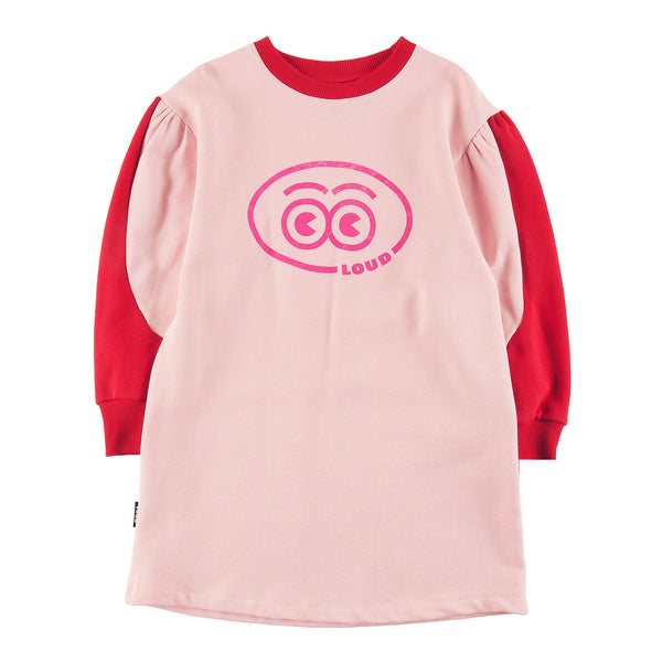 Loud Apparel Dress Loose Fit, Puff Sleeve Colour Block, Loud Eyes Logo Print Contrast Orchid Pink, Red