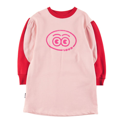Loud Apparel Dress Loose Fit, Puff Sleeve Colour Block, Loud Eyes Logo Print Contrast Orchid Pink, Red