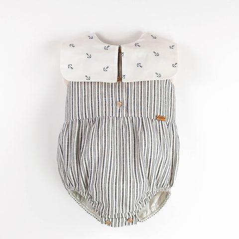 Popelin Embroidered Striped Romper Suit With Bib Collar