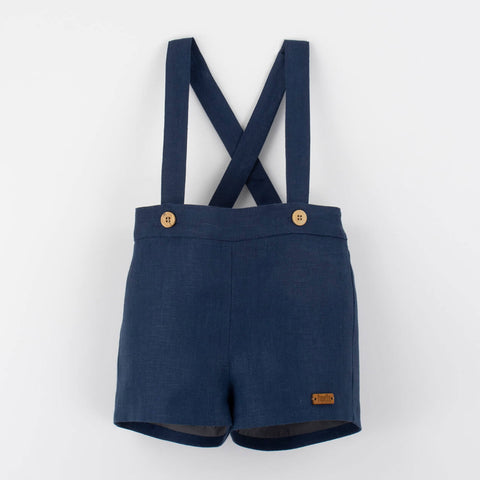 Popelin Navy Blue Linen Shorts With Straps