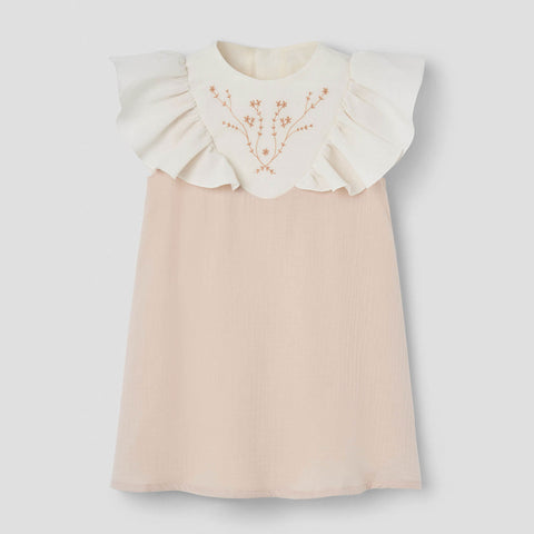 Popelin Dusty Pink Short Dress With Embroidered Yoke