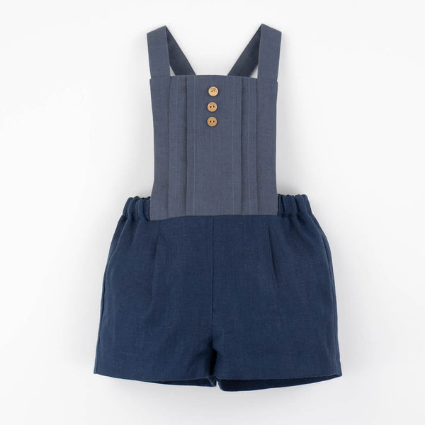 Popelin Navy Blue Linen Dungarees With Pleat