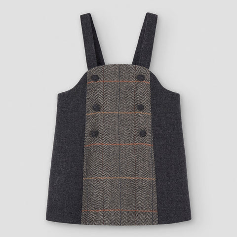 Popelin short dress grey herringbone wool with contrasting bib || 45.2