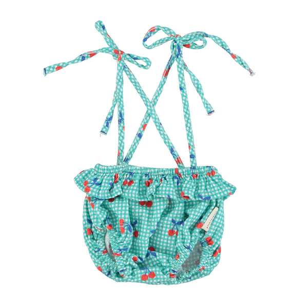 Piupiuchick Baby Bloomers W/ Thin Straps | Turquoise & White Checkered W/ Cherries