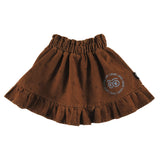 Loud Apparel Mini Skirt Elasticated Waist, Ruffle Bottom, Circle Loud Eyes Logo Print Choco, Polkadot