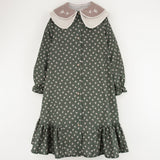 Popelin Green Floral Dress With Double Embroidered Collar