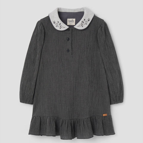 Popelin short dress black gingham with embroidered baby collar