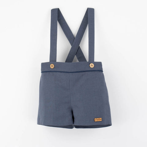 Popelin Slate Blue Linen Shorts With Straps