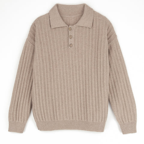 Popelin Beige Knitted Jersey With Shirt-Style Collar