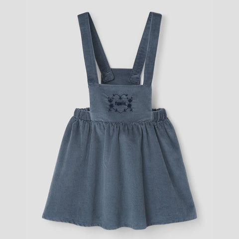 Popelin short dress grey-blue corduroy with embroidered bib || 43.2
