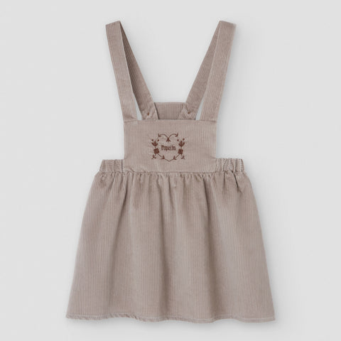 Popelin short dress taupe corduroy with embroidered bib || 43.1